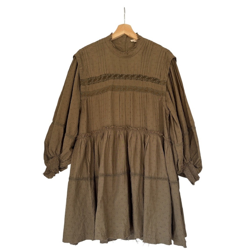 Anthropologie Pilcro Mock Neck Swing Mini Dress Olive Green Babydoll Lace Dress - Picture 5 of 12